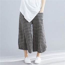 Spring Autumn Arts Style Women Elastic Waist Ankle-length Loose Pants All-matched Casual Plaid Wide Leg Big Size M620 210512