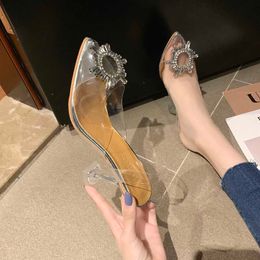 Women Sandals PVC Transparent Crystal Pumps 2020 Summer Pointed Odd Heel Shoes Stiletto Ladies Sun Decoration Wild Fairy Shoes X0526