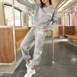 Letter Print Fleece Women Hoodie 2 Pieces Set Full Sleeve Hooded Top Jogger Long Sweatpant Women's Tracksuit Loose Casual Autumn 210930