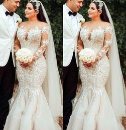 Plus Size 2021 Arabisch ASO EBI Spitzenperlen Meerjungfrau Hochzeitskleider reine Nacken Langarmes Vintage sexy Brautkleider ZJ204