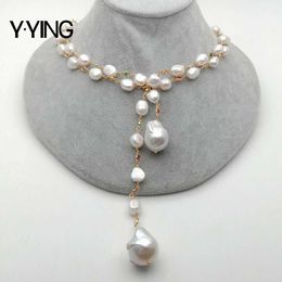 Y·YING 128cm Freshwater White Keshi Pearl white baroque pearl Mixed Colour Cubic Zirconia Pave Chain Long Necklace women Jewellery