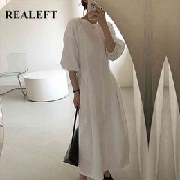 Summer Minimalism Women's Long Dresses Half Puff Sleeve O-Neck Solid Korean Female A-Line White 210428