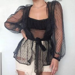 See-through Women Mesh Sheer Blouse Top Shirts Transparent Lace Puff Sleeve Tops Woman Summer Blouses Female Bikini Cover Ups Women's Swimwe