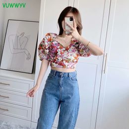 VUWWYV Fashion Floral Crop Top Women Summer Retro Lantern Sleeve Woman Blouses Back Tie Elastic Waist Tunic Ladies Tops 210430