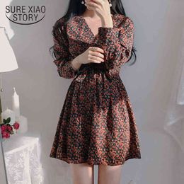 Women Mini Vintage Orange Long Sleeve V-neck Sexy Dress Floral Print Spring Empire Ladies Female Clothing 8792 50 210417