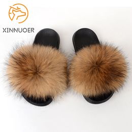 Fur Slippers Summer Outdoor Leisure Business Ladies Flat Flip Flops Natural Fox Fur Luxurious Fluffy Cute Plush Ladies Sandals K722