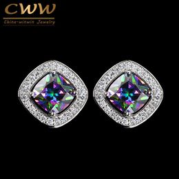 Classic Square Mystical Fire Crystal Stud Earring with Tiny CZ Stone Fashion Women Holiday Jewelry Gift CZ171 210714