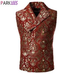 Mens Victorian Double Breasted Vest Brocade Paisley Floral Weeding Waistcoat Male Gothic Aristocrat Steampunk Victorian Gilet 210522
