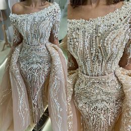 Luxuriöse Perlen-Meerjungfrau-Brautkleider mit Überrock und Perlenstickerei, schulterfrei, langärmelig, Brautkleider, elegantes Hochzeitskleid, Robes de Mari￩e