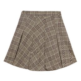 Women Mini Skirts Plaid Chic Elegant Zipper Pleated Shorts Blended Yellow Khaki S0254 210514