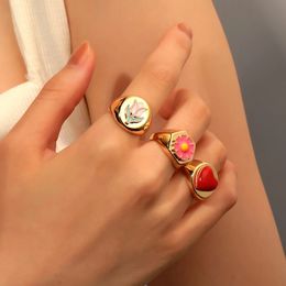 Oil Paint Romantic Heart Couples Ring Flower Fashion Metal Plated Waterproof Donuts Ring Anniversary Jewellery Gift Bijoux Femme