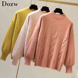 Cashmere Sweater Women Lantern Sleeve Casual Winter Pure Warm Pullover Autumn Knit O-neck Solid Tops Loose Fashion Sweaters 210414