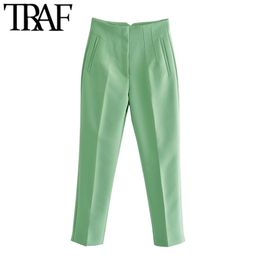 TRAF Women Fashion Side Pockets Seam Detail Office Wear Pants Vintage High Waist Zipper Fly Female Ankle Trousers Mujer 210925
