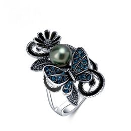 Trendy Vintage Navy Blue Pearl Butterfly Crystal Finger Ring For Women Engagement Wedding Party Jewellery Accessories