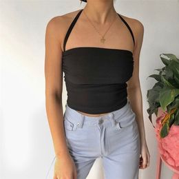 YICIYA Black Summer White Halter Neck Crop Top Women Backless Sexy Bandage Casual Basic Fashion White Lace Tank Tops 210407