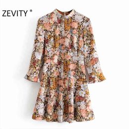 Autumn Women Vintage Stand Collar Flower Print A Line Mini Dress Office Ladies Ruffles Sleeve Casual Chic Vestido DS4542 210420