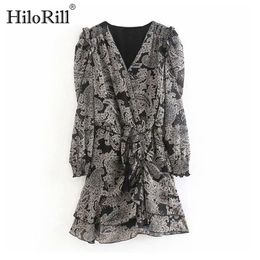 Women V Neck Printed Chiffon Dresses Long Sleeve Ruffle Mini Female A Line Casual Beach Robe Femme 210508