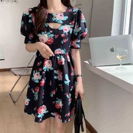 Hollow Out Florals High Street Sexy Printing Femme Lady OL Slim All Match Chic Gentle Mini Dresses Prom Vestidos 210525