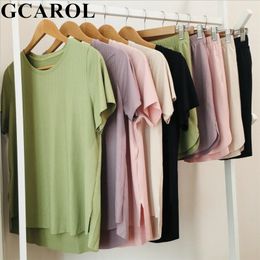 GCAROL Women Early Spring Summer Threaded Modal 2 Pcs Sets T-shirt And Shorts Casual Loose Asymmetric Tops Mini Shorts 5 Colours X0428