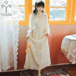 YOSIMI Beige Voile Long Dres Spring Stand Neck Mid-calf Evening Party Sleeve Floral Embroidery Elegant 210604