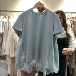 Casual Fashion Round Neck Contrast Colour Hollow Lace Stitching Short-sleeved Light Blue Blouse Women Summer 16W1375 210510