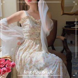 Spaghetti Strap Dress Women French Elegant Vintage Floral Dress Sweet Summer Fashion Clothing Party Dress Korean 210521