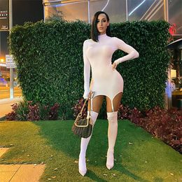 Solid Bodycon Garter Women Mini Dress Sexy Skirt with Stocking Long Sleeve Clubwear Skinny Party Dresses Autumn 2021 Slim 011908