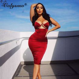 Colysmo Hollow Out Satin Midi Dress Women Underwired Push Up Padded Summer Elegant Party Wear Bodycon Sexy 210527
