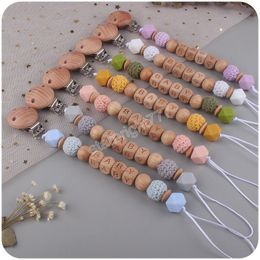 Baby Letter Bead Wooden Pacifier Holders and Beech Clips Eco-Fridendly Food Grade Material Infant Candy Colour Nipple Anti-drop Chain