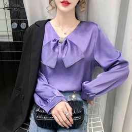 Autumn Long Sleeve Solid Shirts For Women Bow V-Neck Plus Size Chiffon Blouse Loose Tops Blusas Mujer 12060 210508
