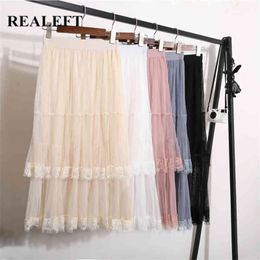 Spring Summer Pleated Skirt Elegant Office Ladies High Waist Mesh Lace Patchwork Cake A-line Skirts Female 210428