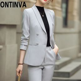 Gray Coffee Color Long Sleeve Slim Fit Double Button Pocket Plus Size Autumn and Winter Elegant Office Ladies Work Wear Blazer 210527