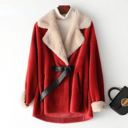 Women's Fur & Faux Hstar Women Winter Fashion Double-faced Overcoat Female Sheep Shearing Jacket Casual Warm Coats Ladies Outwear With Belt