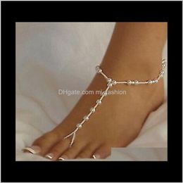 Barefoot Sandals Body Jewellery Fashion-Sandals Stretch Anklet With Toe Ring Slave Anklets Chain 1Pair/Lot Retaile Sandbeach