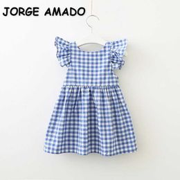 Summer Kids Girls Dress Open Back Plaid Ruffles Sleeves with Sashes Princess Dresses Cute Style Children Clothes E8800 210610