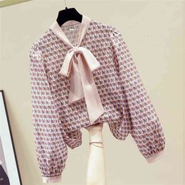 Fall Temperament Geometric Print Lantern Sleeve Shirt Female Design Sense Niche Long-sleeved Chiffon Top GX1412 210506