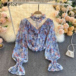 Neploe Vintage Blouse Women Print Ruffles Slim Stand Neck Mesh Patchwork Pullover Blusas Flare Long Sleeve Shirt Tops Mujer 210422