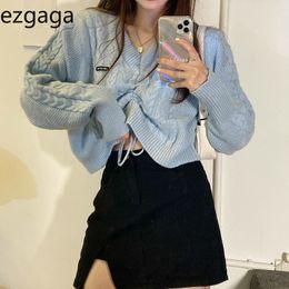 Ezgaga Blue Sweater Pullover Women Embroidery Letter Drawstring Sexy V-Necl Outwear Loose Ladies Crop Tops Jumper Fashion Chic 210430