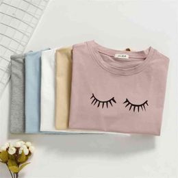 100% cotton T shirt Women ops Summer O-neck eyelashes printed ops high quality - for woman top t 210720