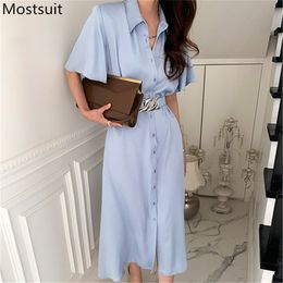 Summer Korean Elegant Shirt Dress Women Short Sleeve Turn-down Collar Single Breasted Long Midi Dresses Vestidos Femme 210513