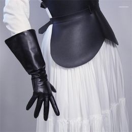 Unisex Genuine Leather Touch Screen Long Gloves 38cm Large Sleeves Puff Black 3-DXZP011