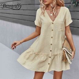 V-neck Single Breasted Frill Trim Shirt Dress Fashion Casual Women Summer Short Sleeve Pocket Loose Mini 210510