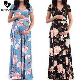 Chivry Maternity Dress Women Floral Print Short Sleeve V-neck Maxi Long Dress Pregnant Casual Clothes Summer Maternity Dress Q0713