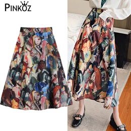 Vintage Painting Print Long Skirts Womens Impressionism High Waist A Line Ladies Midi Sping Summer Clothing 210421