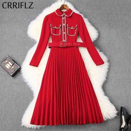 Early Spring Hepburn Style Dress Women Winter Sashes Pleated Medium Long Full Sleevele Pocket Diamond Sweet 210520