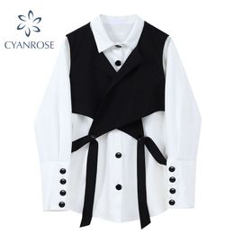 Blouses And Vest 2PCS Women Single Breasted Cardigan Buttons White Lapel Shirts+Black Bandage Crop Waistcoat Rok Outfits Female 210417