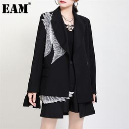[EAM] Women Black Mesh Wings Big Size Blazer Lapel Long Sleeve Loose Fit Jacket Fashion Spring Autumn 1DC700 211006