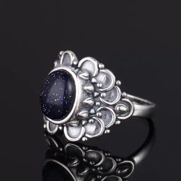 Cluster Rings Oval Blue Sandstone 925 Sterling Silver Gemstone For Women Wedding Engagement Jewelry Drop