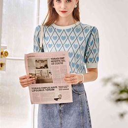 Fashion Women's Knitwear Summer Loose Round Neck Short Sleeve Blue Love Top T-shirt 210520