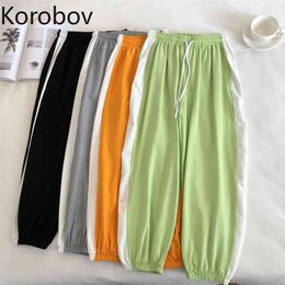 Korobov Korean Streetwear Women Sweatpants Vintage High Waist Women Trousers Harajuku Hit Color Patchwork Streetwear Harem Pants 210430